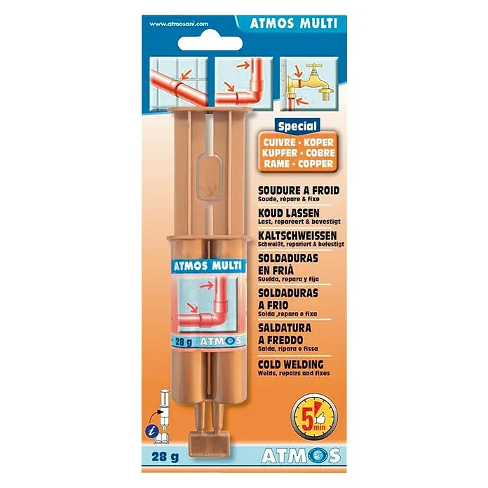 Atmos Soldadura en barra Multi en frío especial cobre - 28 g - Imagen del producto "Atmos Multi", un metal frío para reparaciones rápidas de tubos de cobre. 28g de contenido.