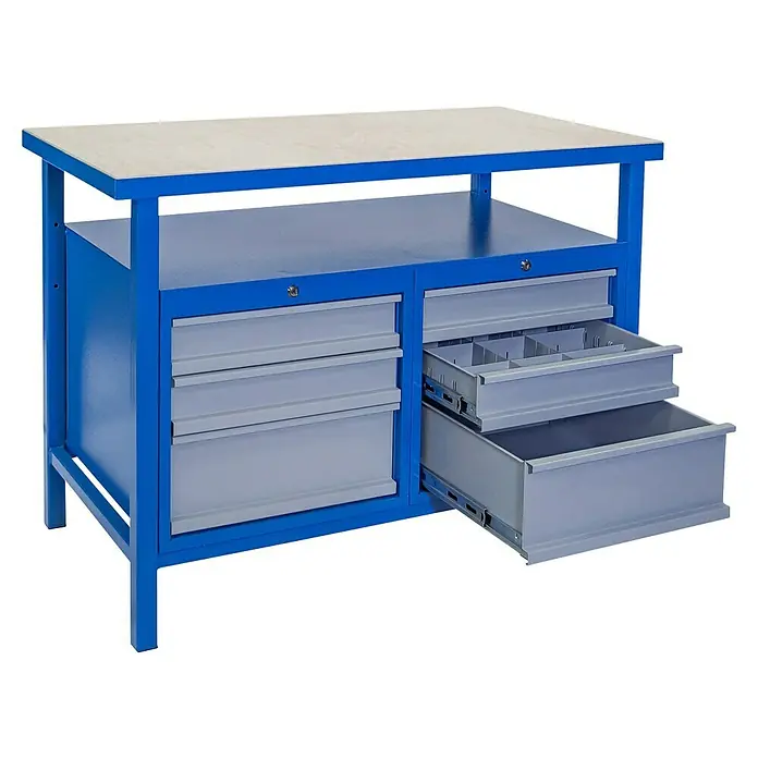 Güde Werkbank P 1200 SS - L x B x H: 60 x 119 x 85 cm, Anzahl Schubladen: 6 Stk. - Eine blaue Werkbank mit einer hellen Holzplatte und mehreren Schubladen, von denen einige geöffnet sind, für Werkzeugaufbewahrung.