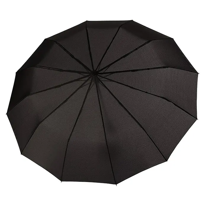 Doppler Taschenschirm Fiber Magic - Major Black, Durchmesser Bespannung: 97 cm, Länge: 27 cm - Nahaufnahme eines geöffneten, schwarzen Regenschirms mit stabilen Streben, ideal für schlechtes Wetter.