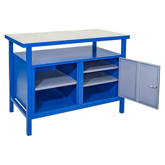 Güde Werkbank P 1200 T - L x B x H: 60 x 119 x 85 cm - Abbildung eines blauen Werkstatttisches mit einer weißen Arbeitsfläche, Regalen und einer abschließbaren Tür für zusätzlichen Stauraum.