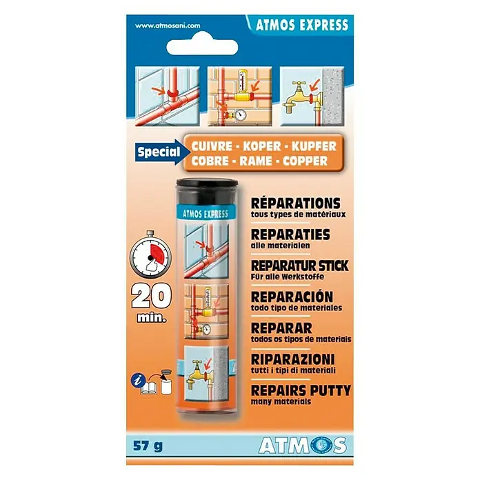 Atmos Masilla para reparación especial cobre - 57 g - Imagen de la masilla de reparación ATMOS EXPRESS, un producto versátil para reparar diversos materiales, ideal para arreglos rápidos y duraderos.