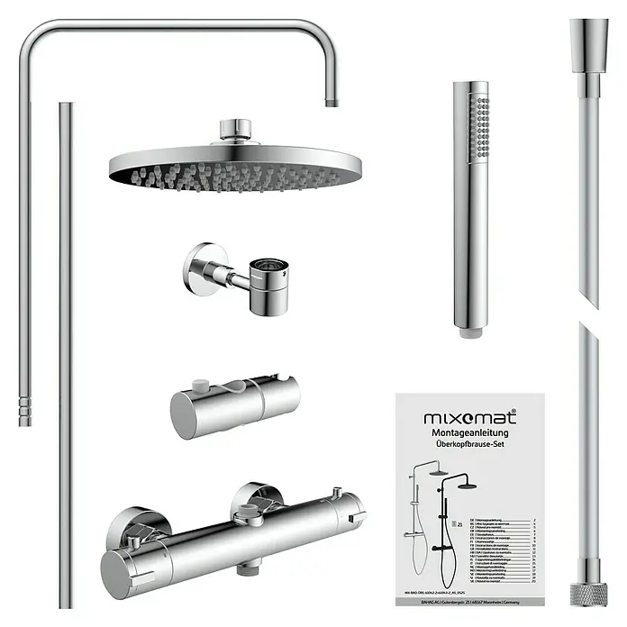 Mixomat Duschsystem Orlando - Höhe: 118 cm, Chrom, Glänzend - Bild eines Mixomat Überkopfbrause-Sets mit Armaturen und Montageanleitung. Hochwertige Duscharmatur für das moderne Badezimmer.