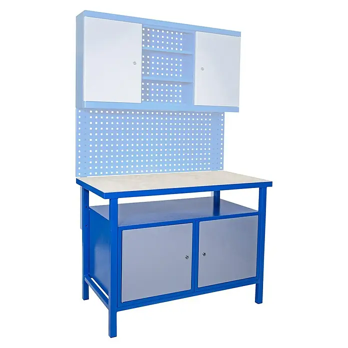 Güde Werkbank P 1200 TT - L x B x H: 60 x 119 x 85 cm - Werkbank mit blauem Metallrahmen, einer hellen Arbeitsplatte und Schränken oben und unten für viel Stauraum.