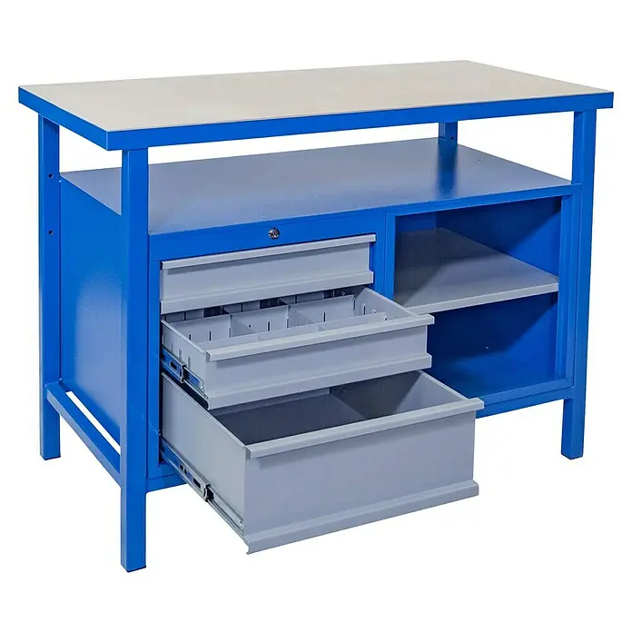 Güde Werkbank P 1200 SL - L x B x H: 60 x 119 x 85 cm, Anzahl Schubladen: 3 Stk. - Robuster Werkzeugtisch mit drei Schubladen und Ablagefächern. Ideal für Werkstätten und Garagen zur geordneten Aufbewahrung von Werkzeugen.