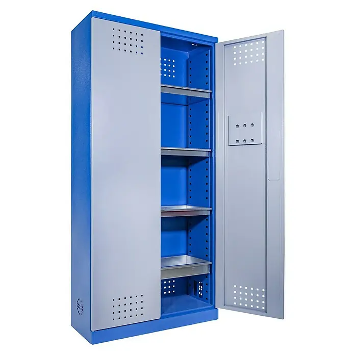 Güde Gefahrstoffschrank TYP I - H x B x T: 193 x 92,5 x 38 cm, Blau/Grau, Fertig montiert, Anzahl Böden: 4 Stk. - Blau-grauer Metallschrank mit offenen Regalen und einer teilweise geschlossenen Tür, ideal für Werkstatt oder Lagerung.