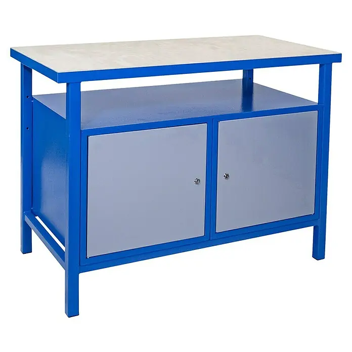 Güde Werkbank P 1200 TT - L x B x H: 60 x 119 x 85 cm - Werkbank mit blauem Rahmen und grauem Schrank mit zwei Türen, ideal für Werkstätten.