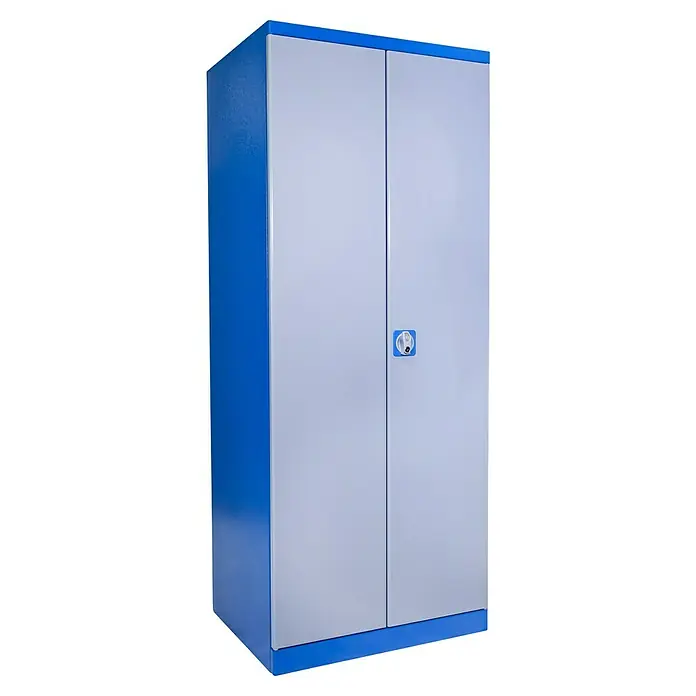 Güde Werkzeugschrank Typ BG - 58 x 78 x 193 cm - Ein blauer und grauer Metallschrank mit zwei Türen, ideal zur Aufbewahrung von Büromaterial oder Werkzeugen, mit einem Drehgriff zur einfachen Bedienung.