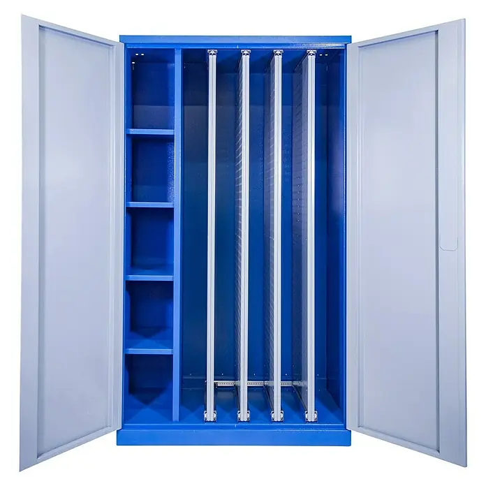 Güde Werkzeugschrank VAS T02 - 58 x 111 x 193 cm - Ein offener blauer Aktenschrank mit Ablageflächen und Halterungen zur Aufbewahrung von Dokumenten. Übersichtliche Büroorganisation.