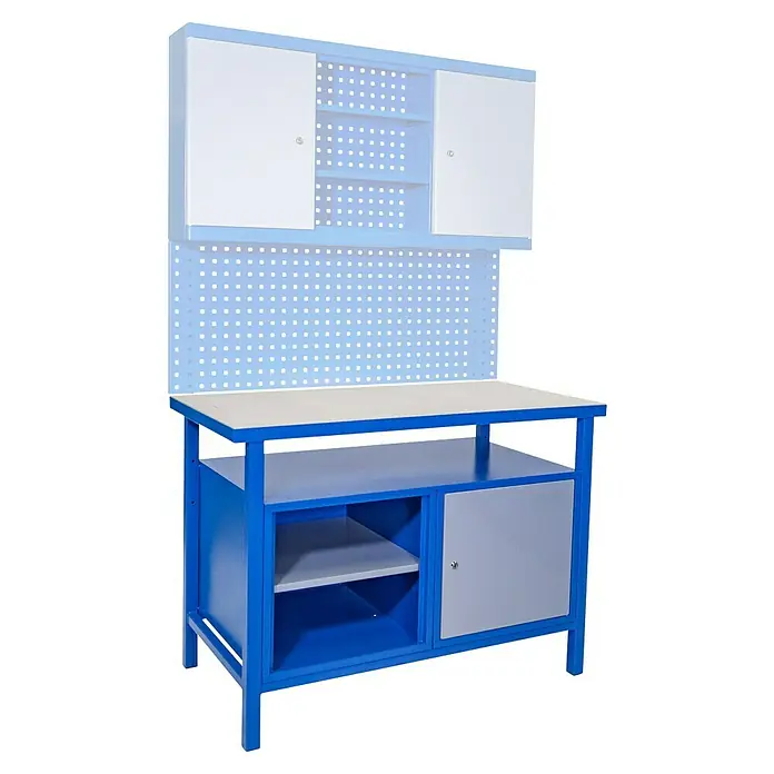 Güde Werkbank P 1200 T - L x B x H: 60 x 119 x 85 cm - Werkbank mit Stauraum: Robuste blaue Werkbank mit Ablageflächen, Schrank und Hängeelementen für Werkstatt und Hobbyraum.