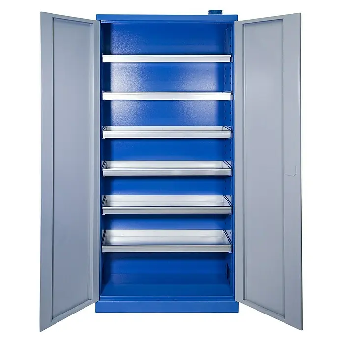 Güde Gefahrstoffschrank TYP III - H x B x T: 200 x 92 x 38 cm, Blau/Grau, Fertig montiert, Anzahl Böden: 6 Stk. - Aufnahme eines blauen Werkzeugschranks mit grauen Regalen und offenen Türen, ideal zur Aufbewahrung.