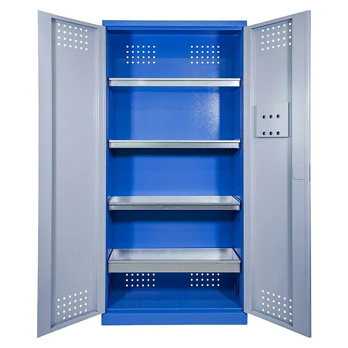 Güde Gefahrstoffschrank TYP I - H x B x T: 193 x 92,5 x 38 cm, Blau/Grau, Fertig montiert, Anzahl Böden: 4 Stk. - Geöffneter blauer Stahlschrank mit grauen Regalen und Türen. Das robuste Schranksystem bietet viel Stauraum.