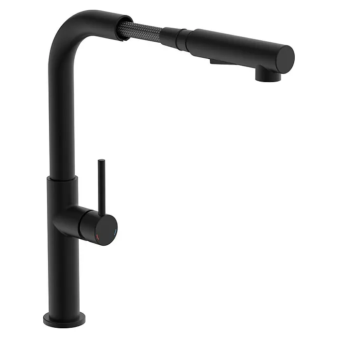Mixomat Grifo de cocina Monza - Altura: 36,5 cm, Negro, Mate - Grifo de cocina negro con rociador extraíble y mezclador monomando. Diseño elegante para cocinas modernas, ofrece flexibilidad y comodidad.