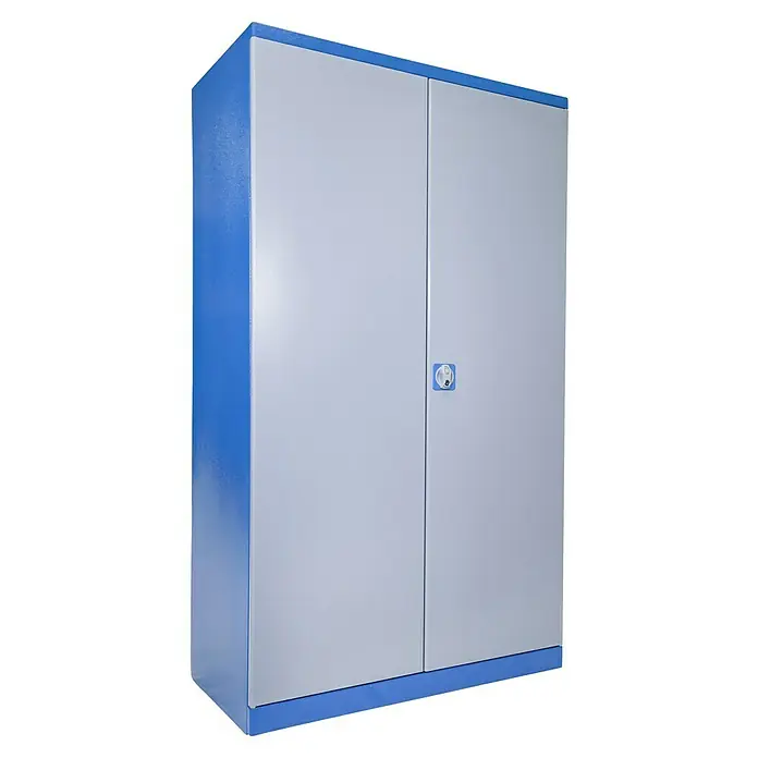 Güde Werkzeugschrank VAS T02 - 58 x 111 x 193 cm - Bild eines zweitürigen blauen und grauen Metallschranks mit einem Drehgriff.