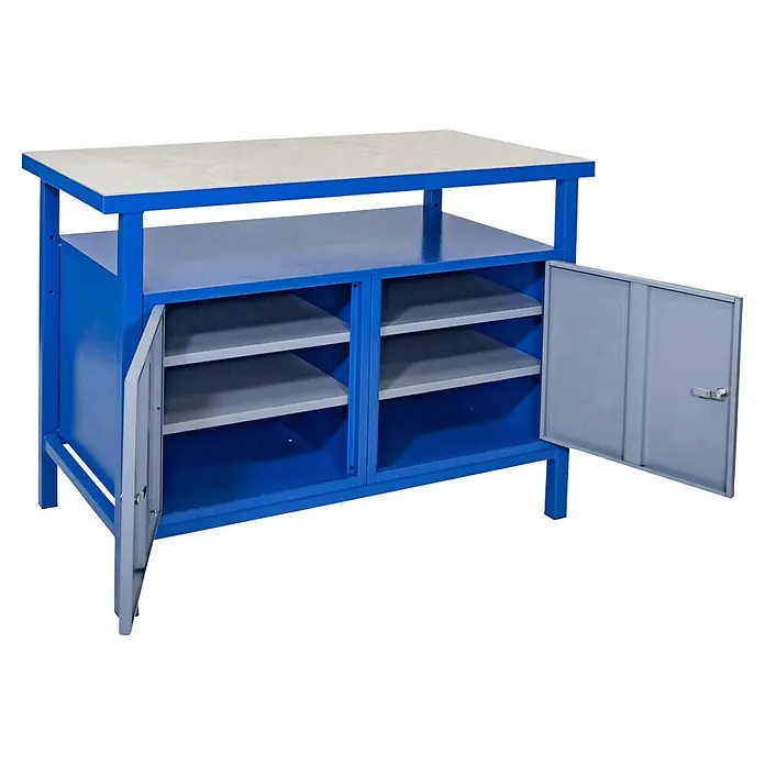 Güde Werkbank P 1200 TT - L x B x H: 60 x 119 x 85 cm - Diese Aufnahme zeigt eine Werkbank mit Schrank, der mit stabilen Regalböden versehen ist. Die Werkbank ist blau und grau.