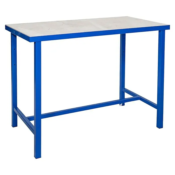 Güde Werkbank P 1200 S - L x B x H: 60 x 119 x 85 cm - Ein blauer Werktisch mit einer hellen Arbeitsfläche. Die Tischbeine sind durch Querstreben verstärkt.