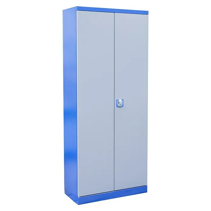 Güde Werkzeugschrank Universal - L x B x H: 193 x 38 x 79 cm - Ein blauer Aktenschrank mit zwei grauen Türen und einem Drehgriff. Der Schrank ist eine praktische Aufbewahrungslösung.