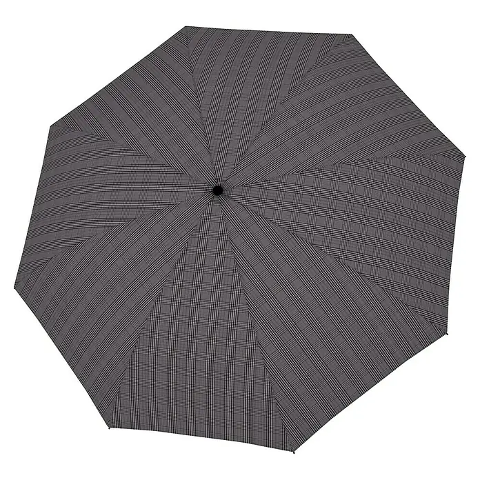 Doppler Taschenschirm Carbonsteel - Glen Check, Durchmesser Bespannung: 100 cm, Länge: 29 cm - Aufsicht auf einen grauen Schirm mit Karomuster. Der Regenschirm hat eine runde Form und einen schwarzen Griff in der Mitte.