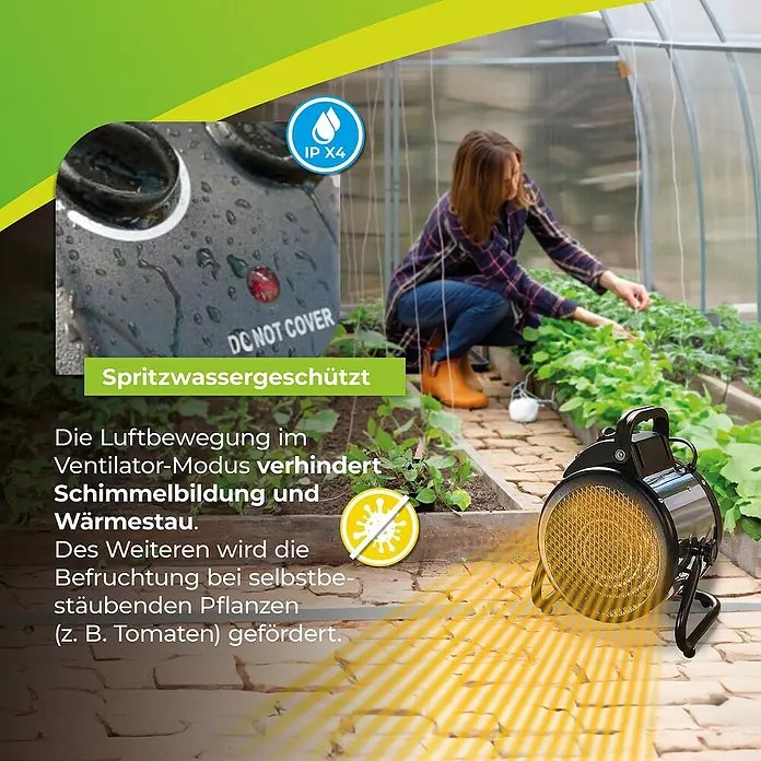 BioGreen Gewächshaus-Heizung Palma inkl. digitalem Thermostat - 28 x 19,5 x 31,5 cm, Heizleistung: 2.000 W - Das Bild zeigt einen spritzwassergeschützten Heizlüfter mit IPX4 Schutz in einem Gewächshaus.