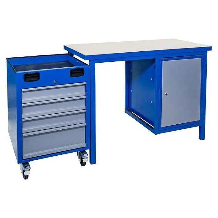 Güde Werkbank 2300 SLT Multi - L x B x H: 60 x 119 x 85 cm, Anzahl Schubladen: 4 Stk. - Blaue Werkbank mit Schubladen und Schrank, ideal für Werkstätten. Stabiles Design bietet viel Stauraum und Arbeitsfläche.