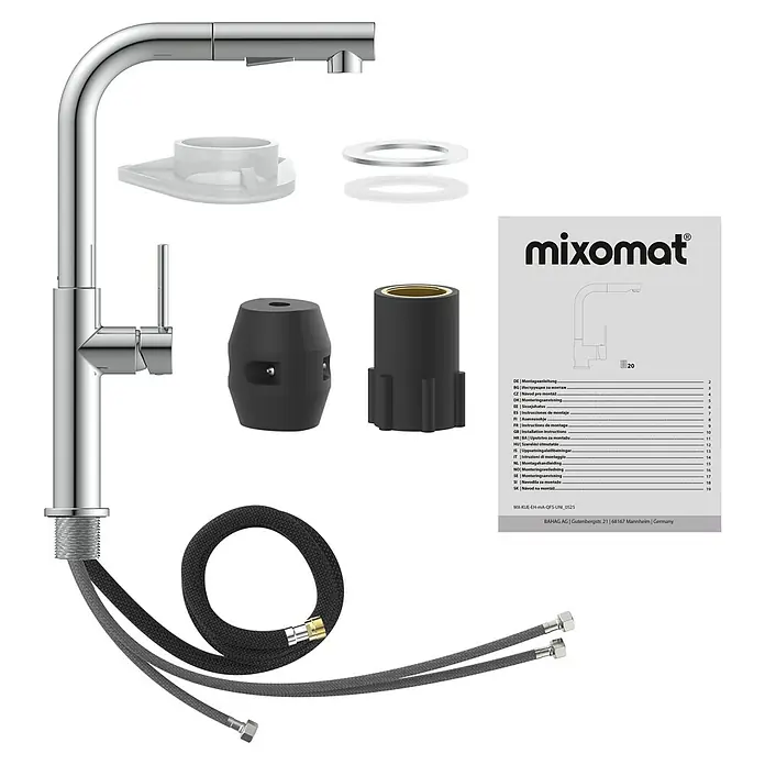 Mixomat Spültischarmatur Monza - Höhe: 36,5 cm, Chrom, Glänzend - Bild einer Küchenarmatur von Mixomat mit Zubehör und Montageanleitung für die Installation.