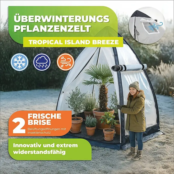 BioGreen Winterschutzzelt Tropical Island Breeze XL - Ø x H: 340 x 280 cm, Kunststoff - Winterfestes Pflanzenzelt "Tropical Island Breeze" für den Schutz Ihrer Pflanzen vor Kälte, Regen und Wind. Mit Belüftungsöffnungen und Insektenschutz.