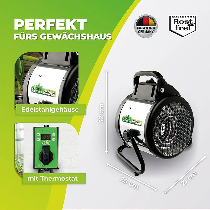 BioGreen Gewächshaus-Heizung Palma inkl. digitalem Thermostat - 28 x 19,5 x 31,5 cm, Heizleistung: 2.000 W - Das Bild zeigt einen elektrischen Gewächshausheizer mit Thermostat, Edelstahlgehäuse und den Maßen 32 cm Höhe, 28 cm Breite und 21 cm Tiefe.