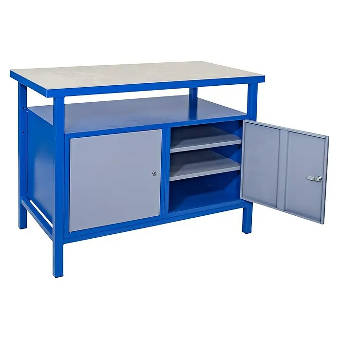 Güde Werkbank P 1200 TT - L x B x H: 60 x 119 x 85 cm - Eine blaue Werkbank mit einer hellen Arbeitsplatte und einem grauen Schrank mit geöffneter Tür.