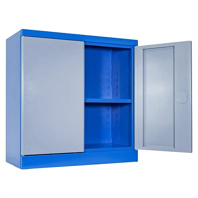 Güde Werkzeugschrank Typ B1 - 38 x 78 x 80 cm - Blauer Metallschrank mit zwei grauen Türen, eine geöffnet, eine geschlossen. Ideal zur Aufbewahrung im Büro oder Lager.