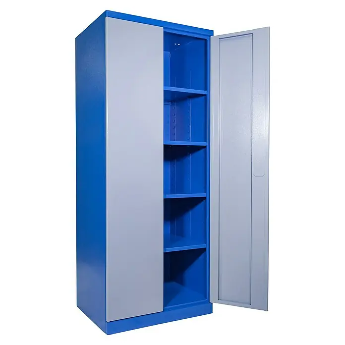 Güde Werkzeugschrank Typ BG - 58 x 78 x 193 cm - Ein blauer Metallschrank mit grauem Türblatt und mehreren Regalen, die viel Stauraum bieten.