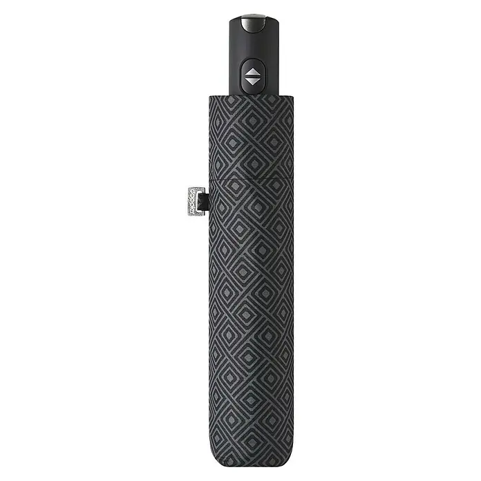 Doppler Taschenschirm Carbonsteel - Mesmerizing, Durchmesser Bespannung: 100 cm, Länge: 29 cm - Schwarzer Regenschirm mit einem geometrischen Muster. Der Regenschirm ist geschlossen und kompakt und hat einen schwarzen Griff mit einer Taste.