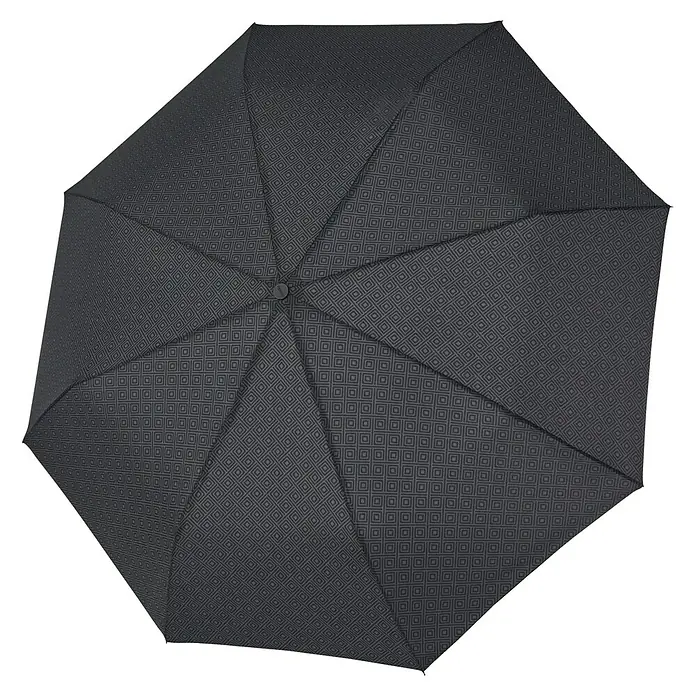 Doppler Taschenschirm Carbonsteel - Mesmerizing, Durchmesser Bespannung: 100 cm, Länge: 29 cm - Detailansicht eines schwarzen Regenschirms mit geometrischem Muster, der Schutz vor Regen und Sonne bietet.