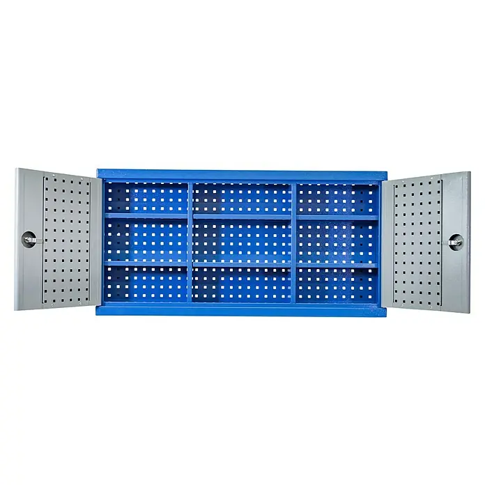 Güde Werkzeugschrank 1200/1 - L x B x H: 119 x 21 x 60 cm - Offener blauer Werkzeugschrank mit Regalen und perforierten Türen, ideal für die Werkstatt.