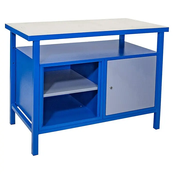 Güde Werkbank P 1200 T - L x B x H: 60 x 119 x 85 cm - Dieser Werkstatttisch in Blau und Weiß mit Regalen und Schrank bietet praktischen Stauraum.