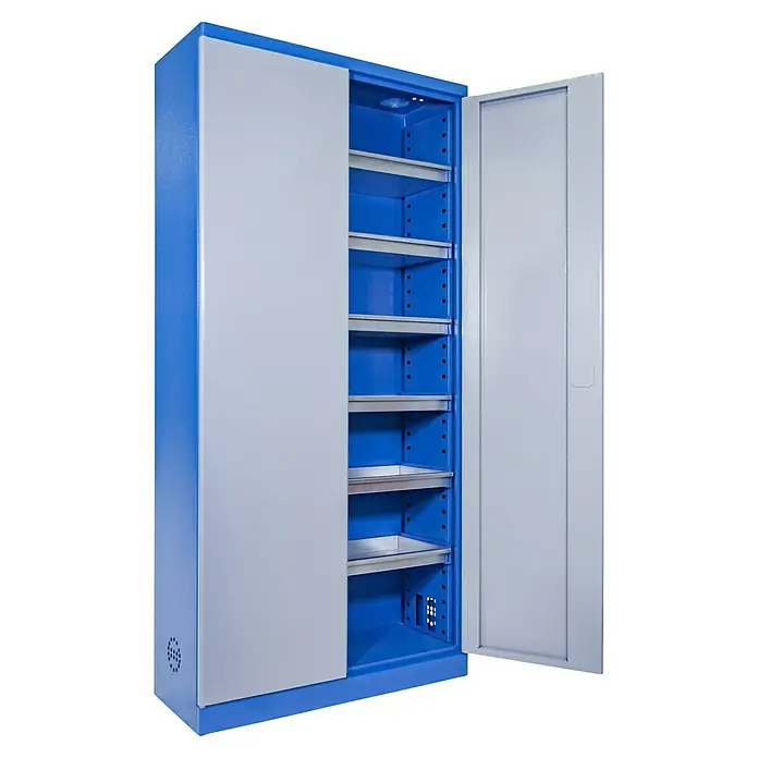 Güde Gefahrstoffschrank TYP III - H x B x T: 200 x 92 x 38 cm, Blau/Grau, Fertig montiert, Anzahl Böden: 6 Stk. - Blauer Metallschrank mit Regalen und offenen Türen. Ideal für Lagerung und Organisation.