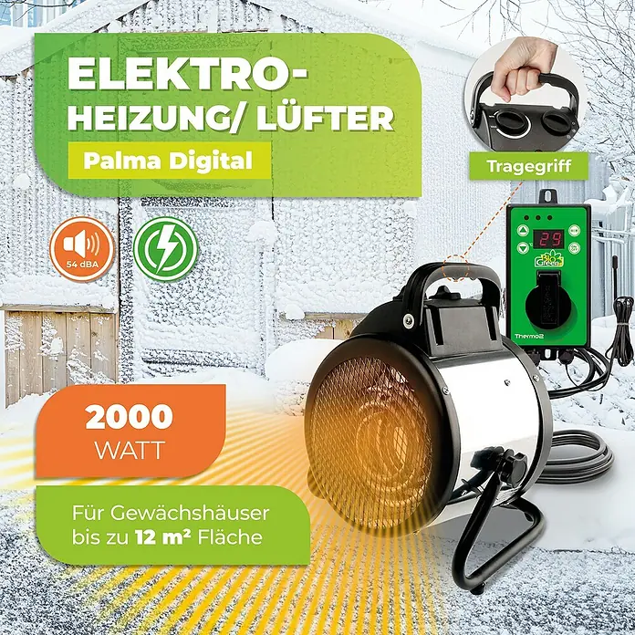 BioGreen Gewächshaus-Heizung Palma inkl. digitalem Thermostat - 28 x 19,5 x 31,5 cm, Heizleistung: 2.000 W - Abbildung einer elektrischen 2000-Watt-Heizung mit digitalem Thermostat für Gewächshäuser bis 12 m².