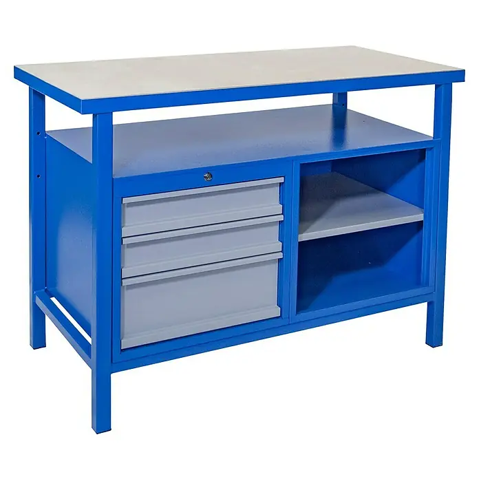 Güde Werkbank P 1200 SL - L x B x H: 60 x 119 x 85 cm, Anzahl Schubladen: 3 Stk. - Dieser blaue Werkzeugtisch mit hellgrauen Schubladen bietet viel Stauraum. Die Werkbank verfügt außerdem über eine Ablagefläche für Werkzeuge.