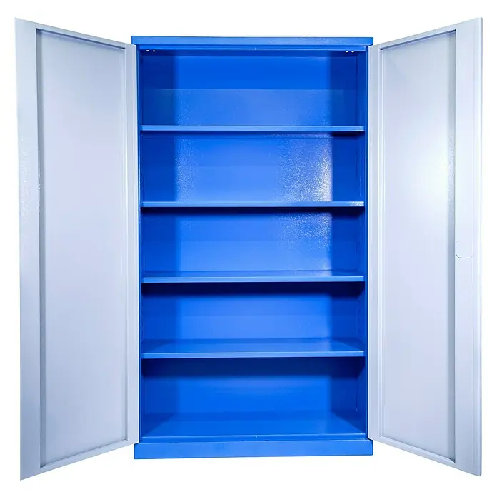 Güde Werkzeugschrank Typ C - 38 x 110 x 193 cm, Grau/Blau - Aufnahme eines offenen, blauen Metallschranks mit mehreren Regalen und weißen Türen.