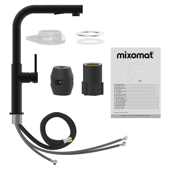 Mixomat Grifo de cocina Monza - Altura: 36,5 cm, Negro, Mate - Imagen de un grifo de cocina Mixomat. El grifo es negro y tiene una manguera de salida flexible.