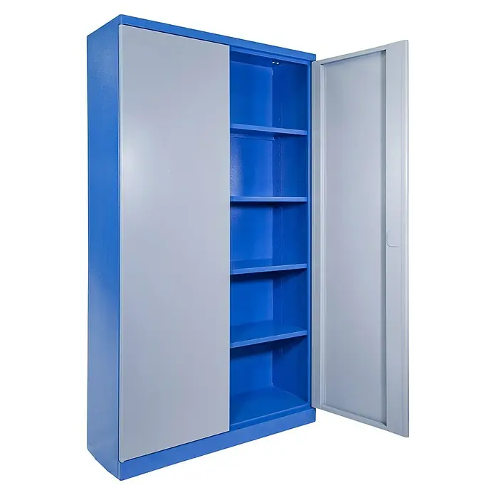 Güde Werkzeugschrank Typ C - 38 x 110 x 193 cm, Grau/Blau - Aufnahme eines blauen und grauen Metallschranks mit geöffneten Türen, der robuste, verstellbare Regale für vielseitige Aufbewahrung zeigt.