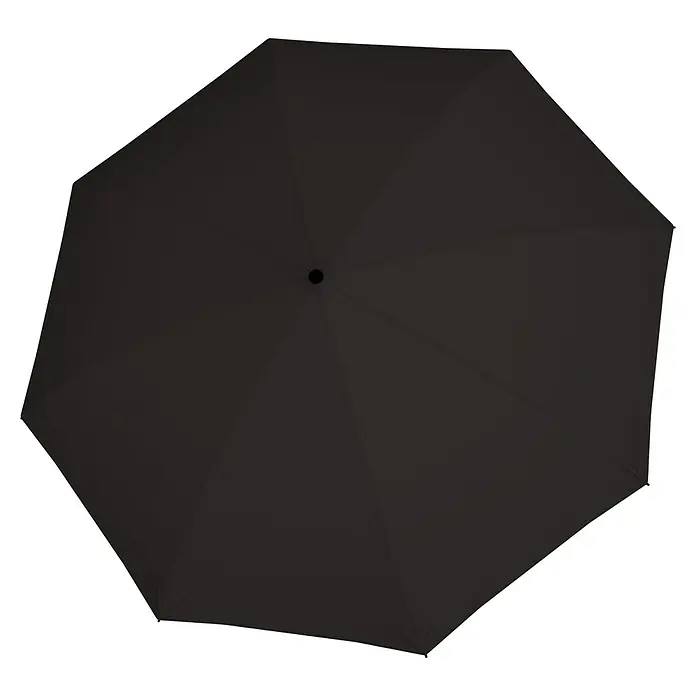 Doppler Taschenschirm Fiber Golf Trekking - Uni Black, Durchmesser Bespannung: 121 cm, Länge: 40 cm - Ansicht eines schwarzen Regenschirms von oben. Der Stoff ist glatt und straff gespannt, das Design klassisch und elegant.