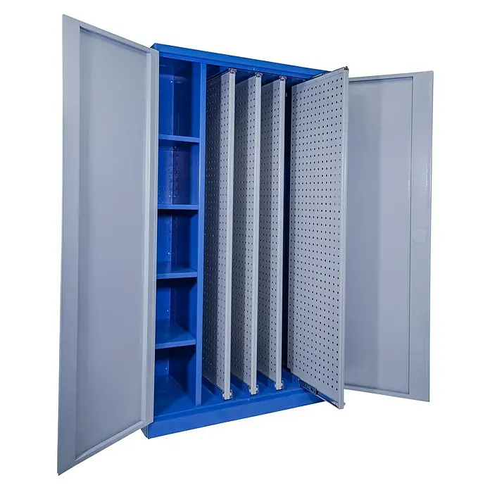 Güde Werkzeugschrank VAS T02 - 58 x 111 x 193 cm - Ein offener blauer Werkzeugschrank mit grauen Türen und Lochplatten für Werkzeuge. Ideal für Ordnung und schnellen Zugriff.