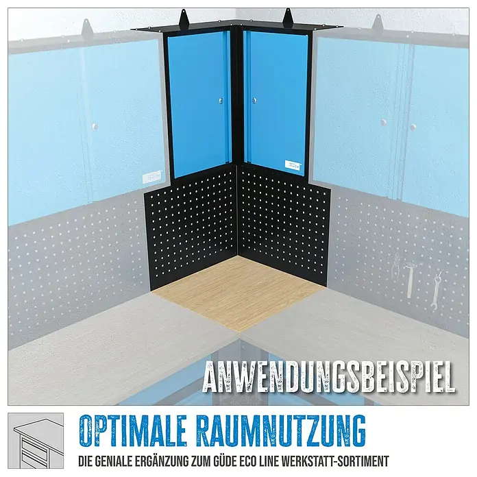 Güde Werkbank Eckwand - 3 -tlg. - Produktansicht der Güde Eco Line Werkstatt-Ecklösung: Optimale Raumnutzung mit Werkzeuglochwand und Werkzeugschrankaufsatz in Blau und Schwarz.