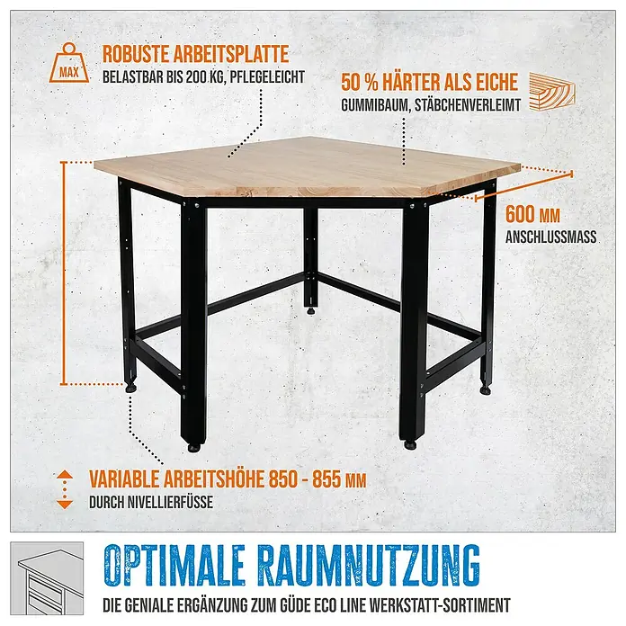 Güde Werkbank Eckmodul GW600E - L x B x H: 109,5 x 109,5 x 85 cm - Das Bild zeigt eine robuste, sechseckige Werkbank mit einer Arbeitsplatte aus Gummibaumholz und einem stabilen, schwarzen Metallgestell.