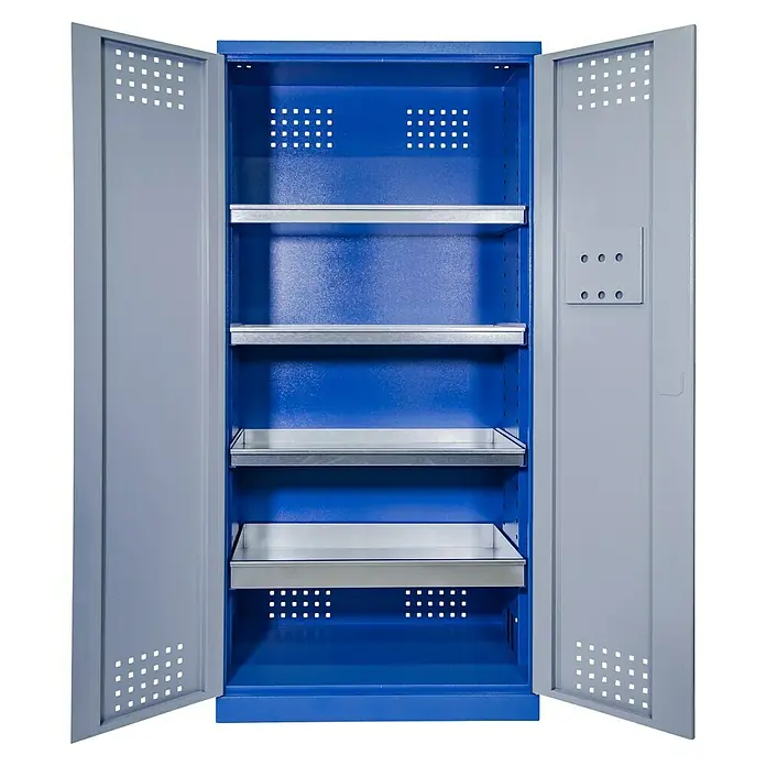 Güde Umweltschrank Typ II - L x B x H: 58 x 92 x 193 cm - Abbildung eines blauen Stahlschranks mit Einlegeböden und offenen Türen, ideal zur Aufbewahrung.