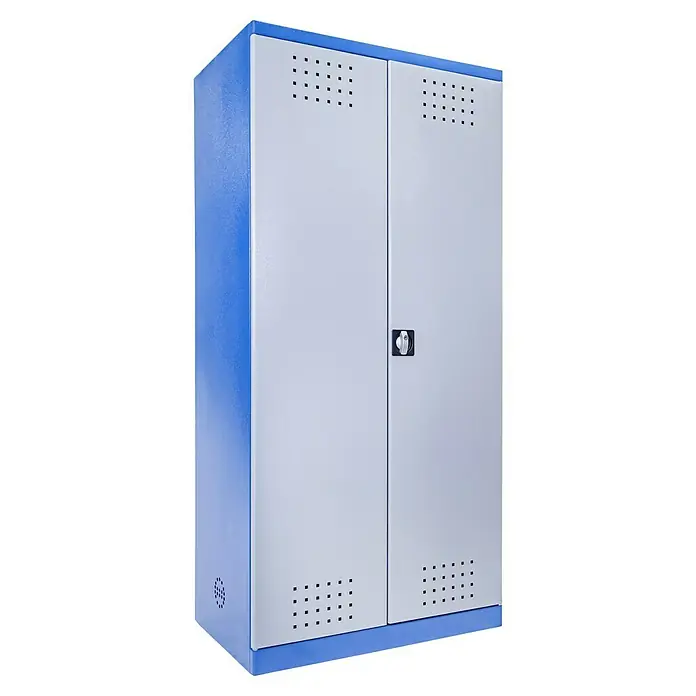 Güde Umweltschrank Typ II - L x B x H: 58 x 92 x 193 cm - Abbildung eines blauen und grauen Metallschranks mit Lüftungsschlitzen und einem Schloss.