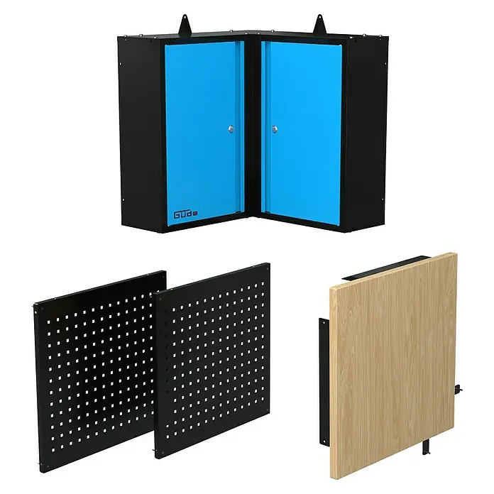 Güde Werkbank Eckwand - 3 -tlg. - Das Bild zeigt eine Güde Werkstatt-Hängeschrank-Kombination mit Lochwand und Holzplatte für die Werkstattorganisation.