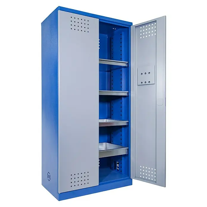 Güde Umweltschrank Typ II - L x B x H: 58 x 92 x 193 cm - Ein blauer Metallschrank mit einer teilweise geöffneten Tür, der Einblick in Regale im Inneren gewährt. Ideal für Lagerung und Organisation.