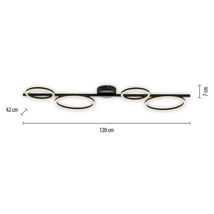 Just Light LED-Deckenleuchte Mini Ritus - 36 W, L x B x H: 120 x 42 x 7 cm, Schwarz, Warmweiß - Moderne LED-Deckenleuchte mit vier Ringen an einer schwarzen Stange. Elegante Beleuchtung für Wohnräume.