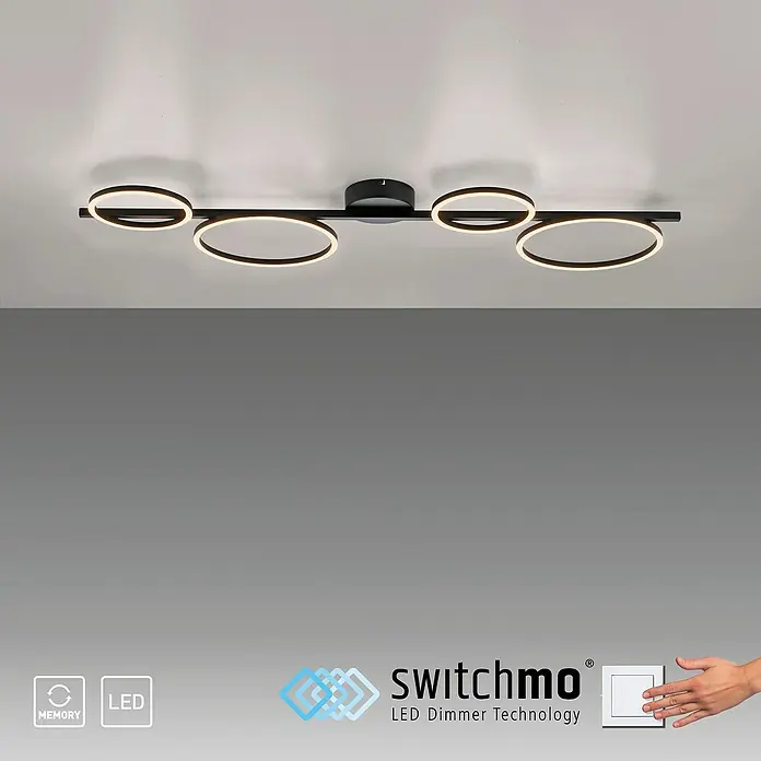 Just Light LED-Deckenleuchte Mini Ritus - 36 W, L x B x H: 120 x 42 x 7 cm, Schwarz, Warmweiß - Moderne LED-Deckenleuchte mit ringförmigen Elementen in Schwarz. Elegantes Design für stilvolle Beleuchtung.