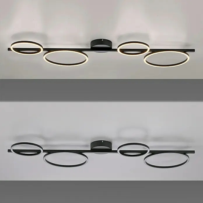 Just Light LED-Deckenleuchte Mini Ritus - 36 W, L x B x H: 120 x 42 x 7 cm, Schwarz, Warmweiß - Moderne Deckenleuchte mit vier schwarzen Ringen und warmweißem Licht, ideal für stilvolle Innenräume.